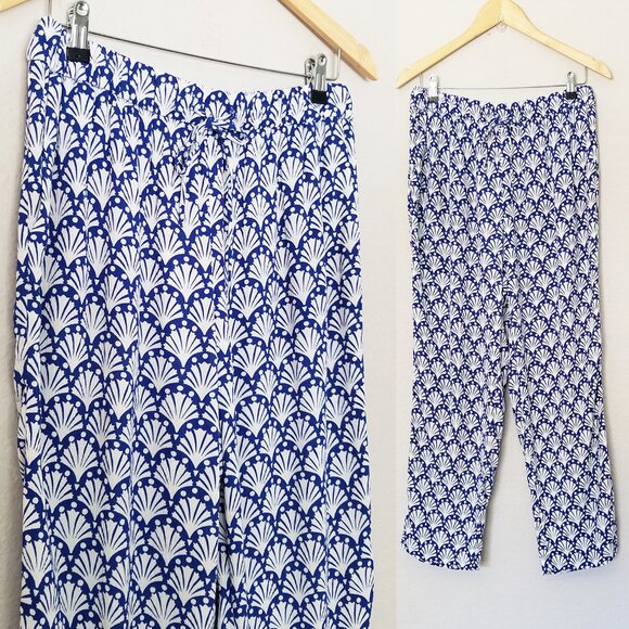 Boden Shells Print Crinkle Tapered Trousers Pants 8 Blue White Pull On Beach $98 - Picture 9 of 16
